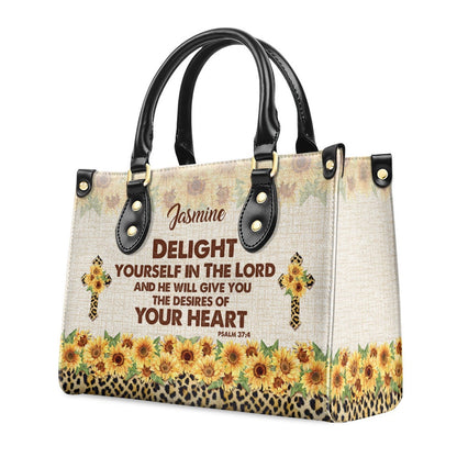 Personalized Christian Leather Bag, Delight Yourself In The Lord Psalm 374 Sunflower And Cross Leather Handbag, Faith Handbag