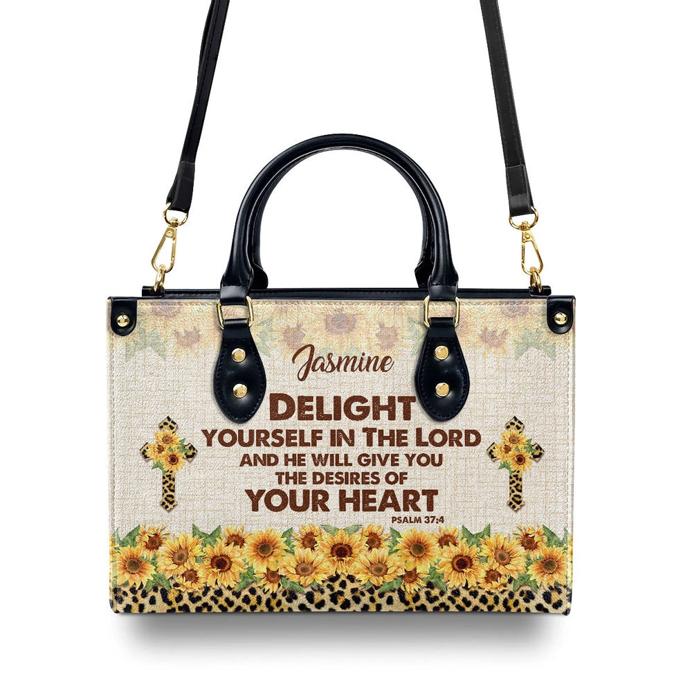 Personalized Christian Leather Bag, Delight Yourself In The Lord Psalm 374 Sunflower And Cross Leather Handbag, Faith Handbag