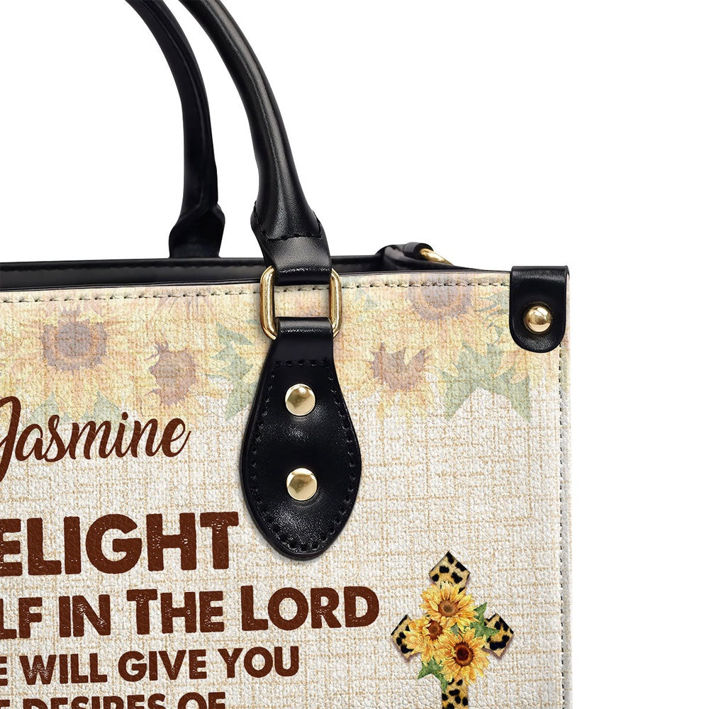 Personalized Christian Leather Bag, Delight Yourself In The Lord Psalm 374 Sunflower And Cross Leather Handbag, Faith Handbag