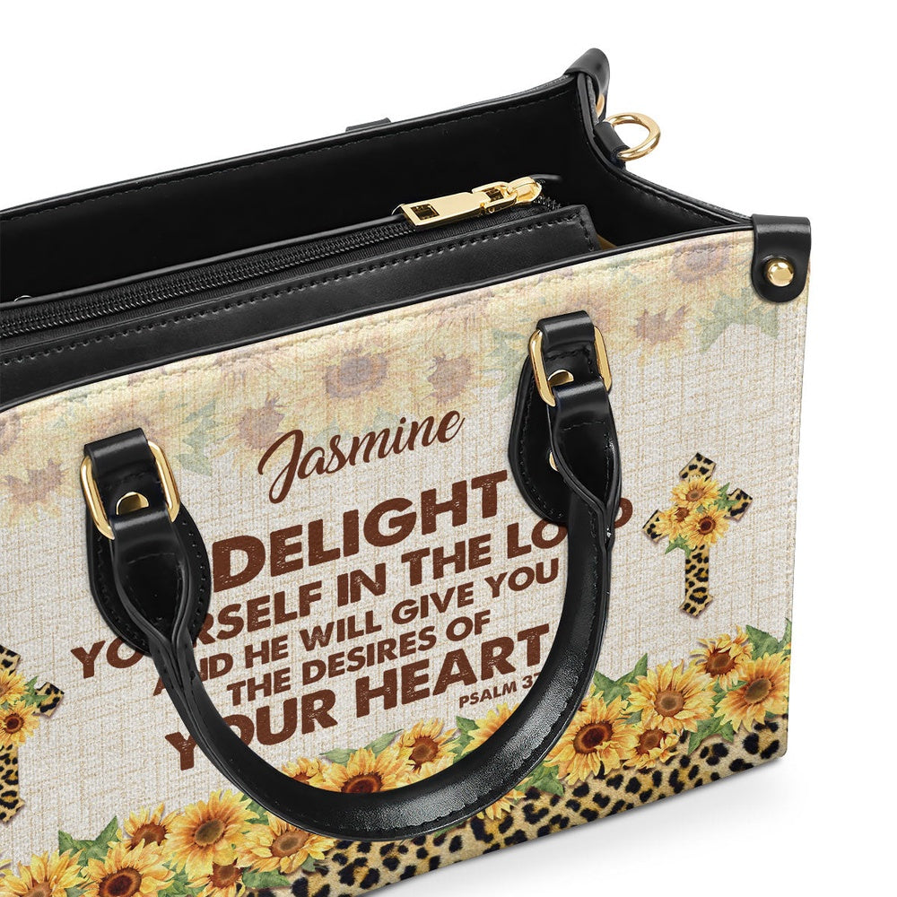 Personalized Christian Leather Bag, Delight Yourself In The Lord Psalm 374 Sunflower And Cross Leather Handbag, Faith Handbag