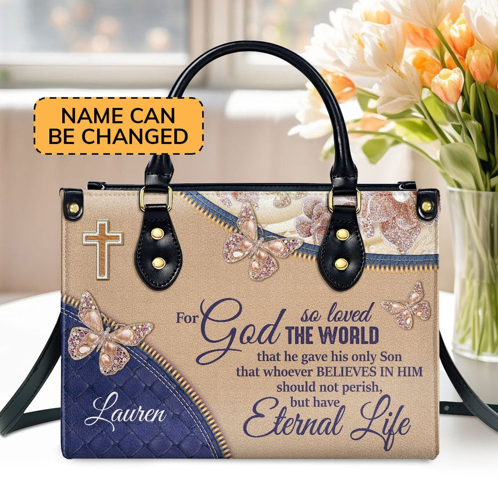 Personalized Christian Leather Bag, Elegant Personalized Leather Handbag - For God So Loved The World, Faith Handbag