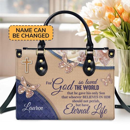 Personalized Christian Leather Bag, Elegant Personalized Leather Handbag - For God So Loved The World, Faith Handbag