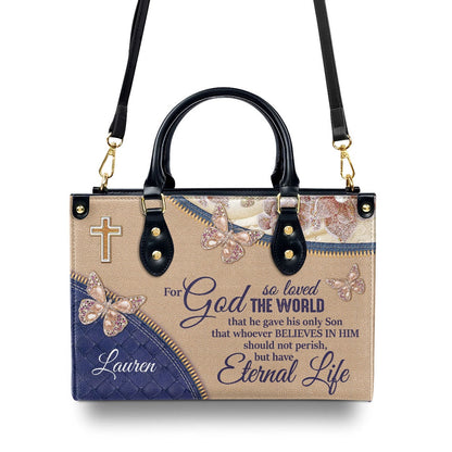 Personalized Christian Leather Bag, Elegant Personalized Leather Handbag - For God So Loved The World, Faith Handbag