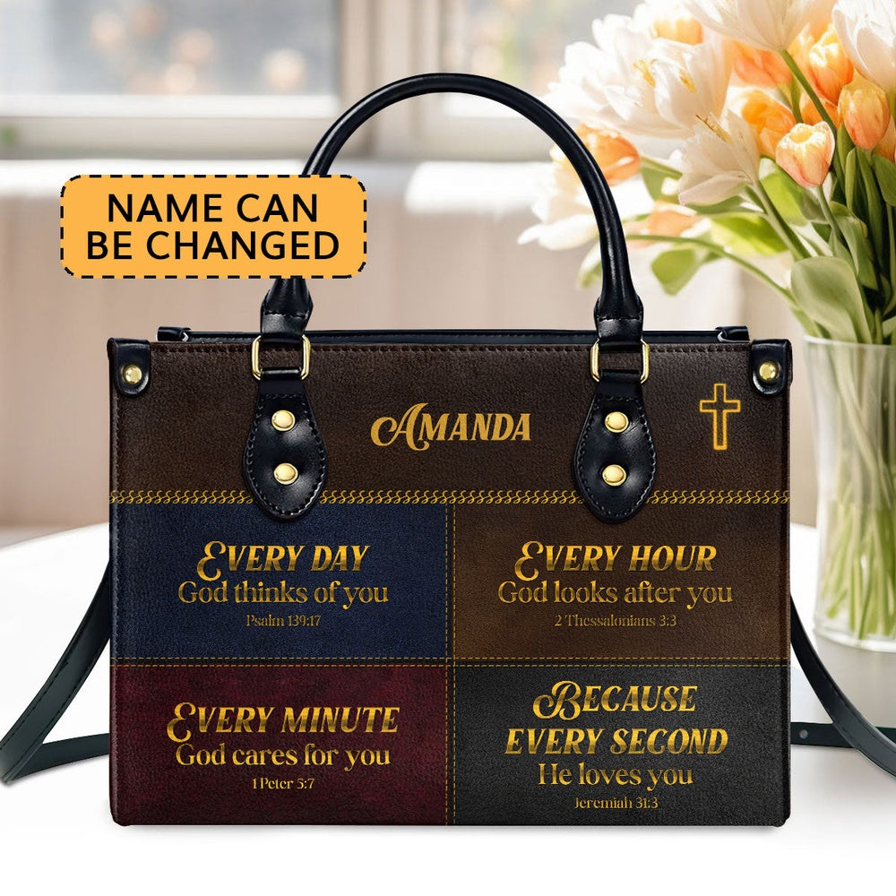 Personalized Christian Leather Bag, Everyday God Thinks Of You Meaningful Leather Handbag, Spiritual Gifts For Christian Woman, Faith Handbag