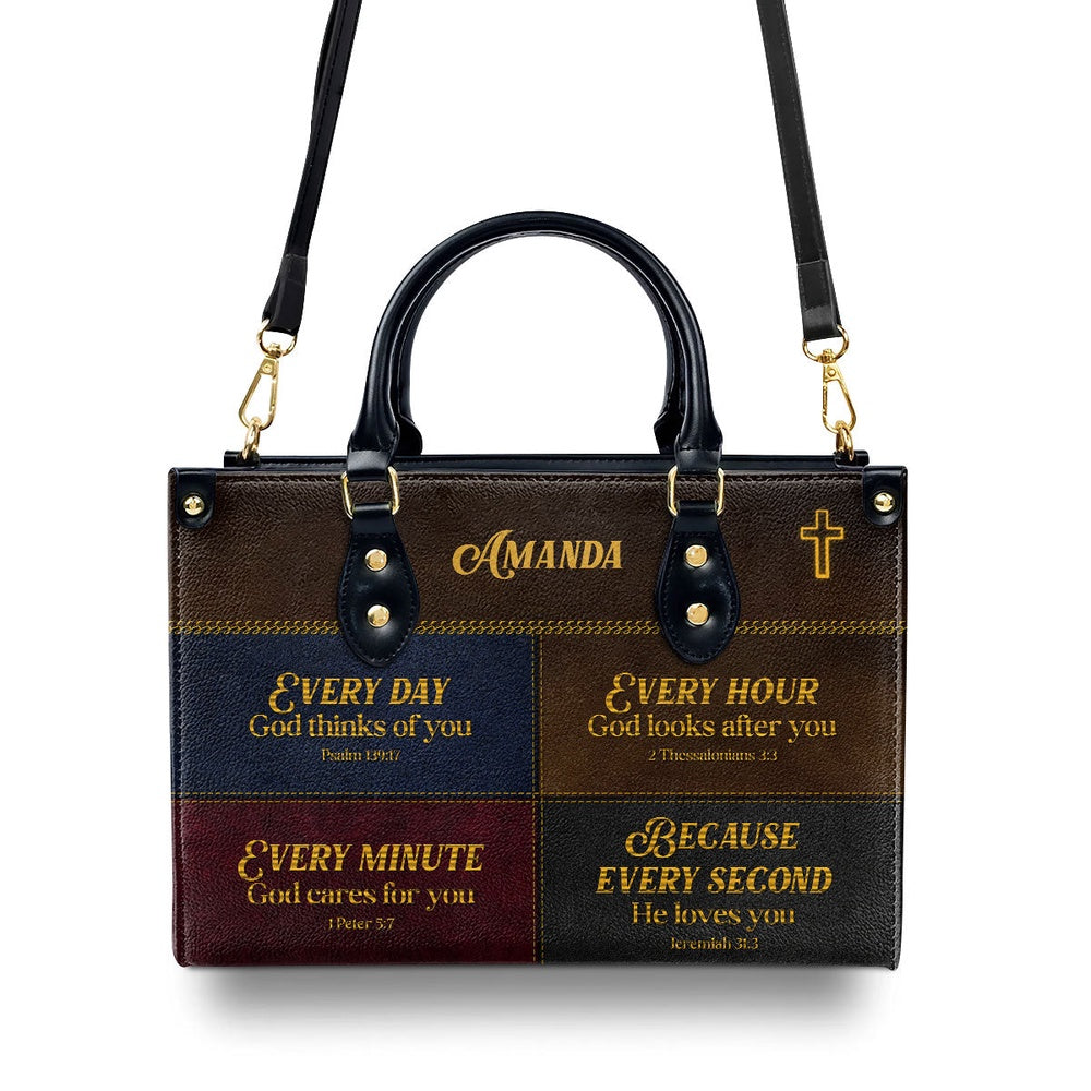 Personalized Christian Leather Bag, Everyday God Thinks Of You Meaningful Leather Handbag, Spiritual Gifts For Christian Woman, Faith Handbag