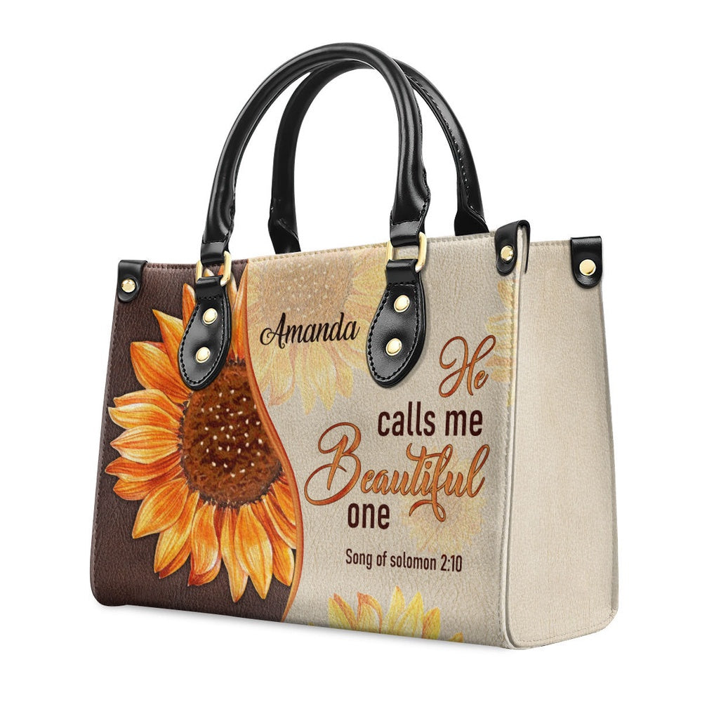 Personalized Christian Leather Bag, Fancy Sunflower Leather Handbag - He Calls Me Beautiful One, Faith Handbag