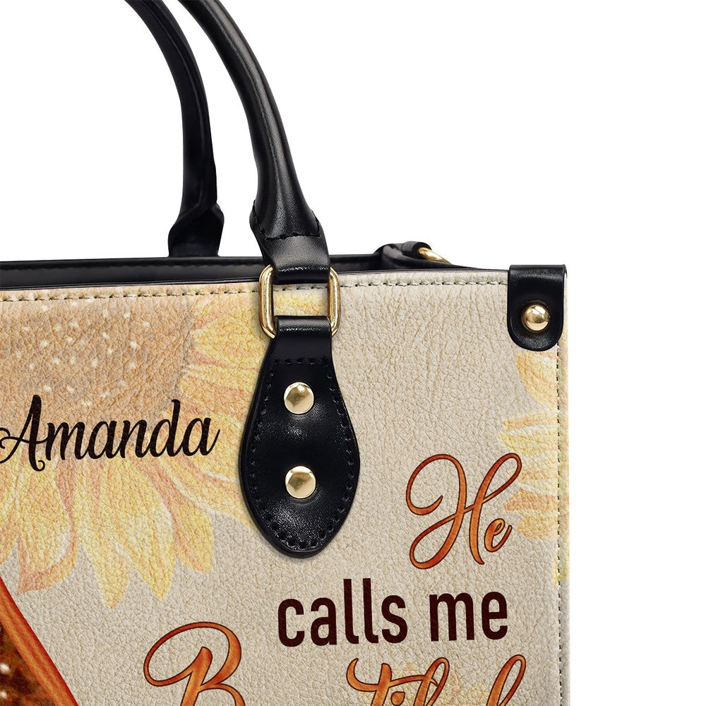 Personalized Christian Leather Bag, Fancy Sunflower Leather Handbag - He Calls Me Beautiful One, Faith Handbag
