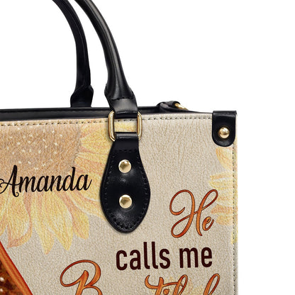Personalized Christian Leather Bag, Fancy Sunflower Leather Handbag - He Calls Me Beautiful One, Faith Handbag