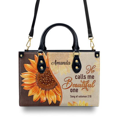 Personalized Christian Leather Bag, Fancy Sunflower Leather Handbag - He Calls Me Beautiful One, Faith Handbag