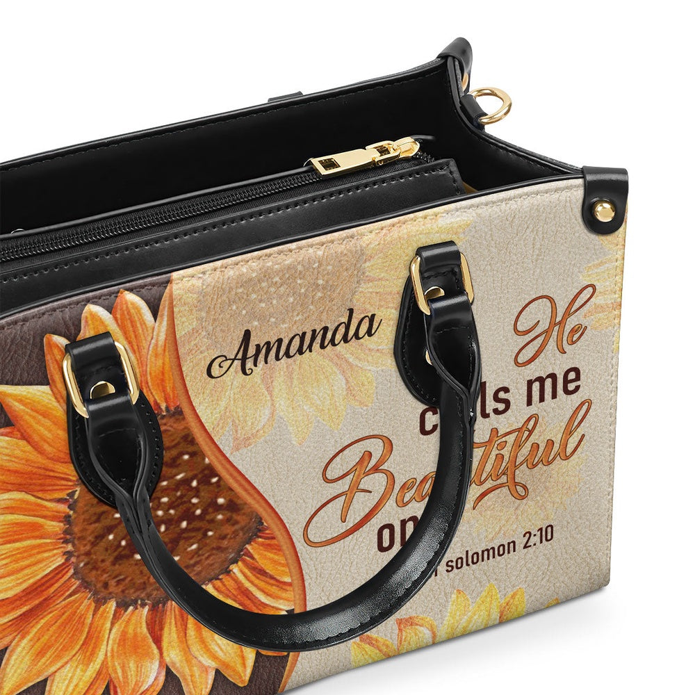 Personalized Christian Leather Bag, Fancy Sunflower Leather Handbag - He Calls Me Beautiful One, Faith Handbag