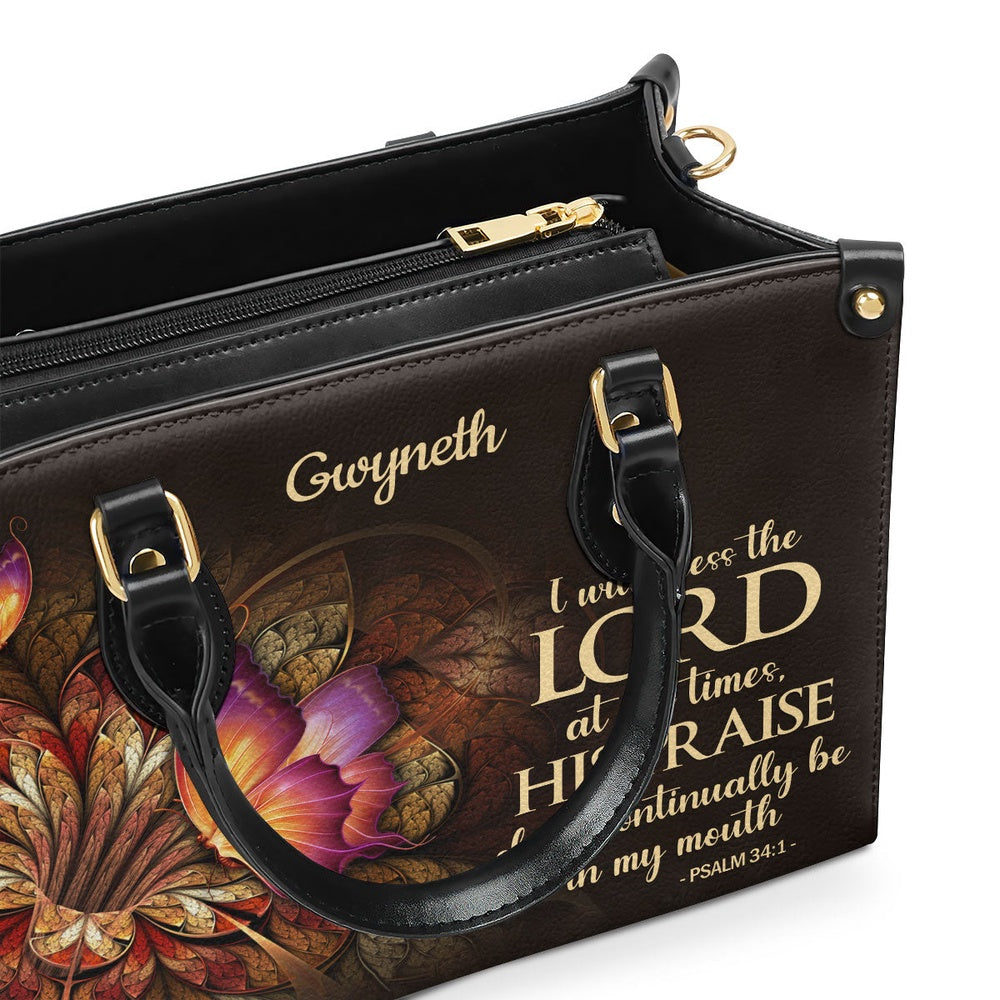 Personalized Christian Leather Bag, Flower & Butterfly Psalm 341 I Will Bless The Lord At All Times Leather Handbag, Faith Handbag