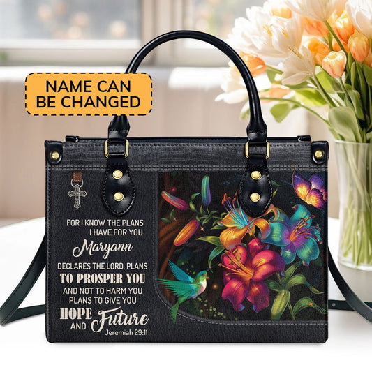 Personalized Christian Leather Bag, For I Know The Plans I Have For You - Beautiful Personalized Flower Leather Handbag, Faith Handbag