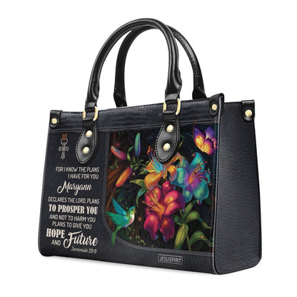 Personalized Christian Leather Bag, For I Know The Plans I Have For You - Beautiful Personalized Flower Leather Handbag, Faith Handbag