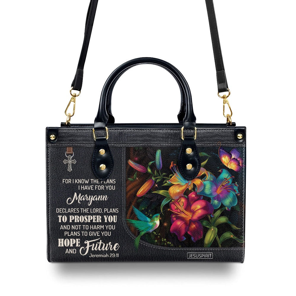 Personalized Christian Leather Bag, For I Know The Plans I Have For You - Beautiful Personalized Flower Leather Handbag, Faith Handbag