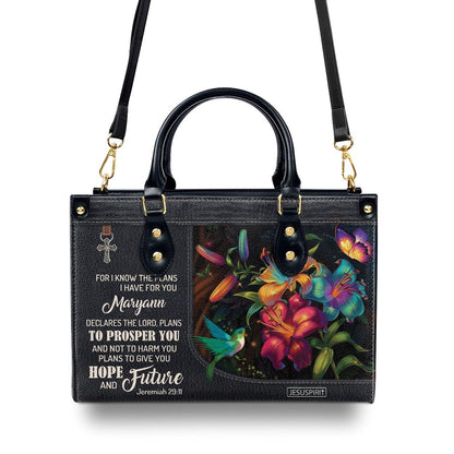 Personalized Christian Leather Bag, For I Know The Plans I Have For You - Beautiful Personalized Flower Leather Handbag, Faith Handbag