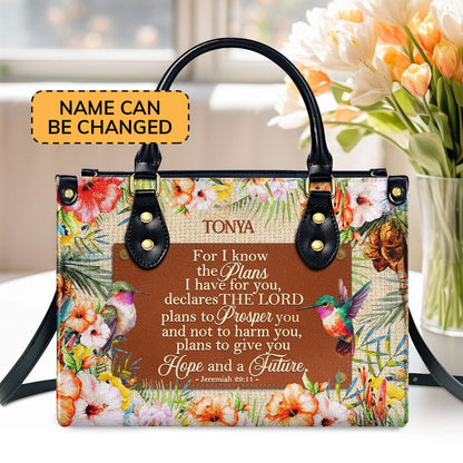 Personalized Christian Leather Bag, For I Know The Plans I Have For You Leather Handbag, Faith Handbag