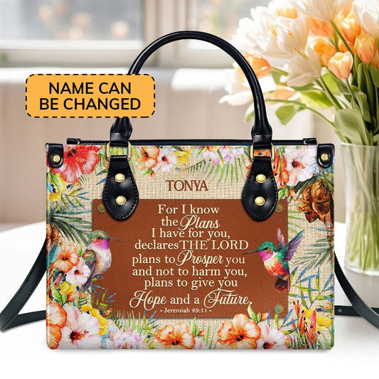 Personalized Christian Leather Bag, For I Know The Plans I Have For You Leather Handbag, Faith Handbag