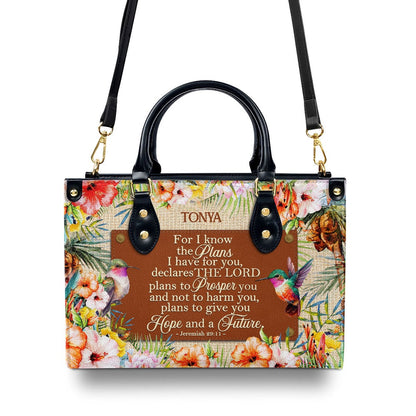 Personalized Christian Leather Bag, For I Know The Plans I Have For You Leather Handbag, Faith Handbag