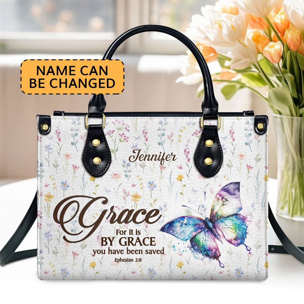 Personalized Christian Leather Bag, For It Is By Grace You Have Been Saved Ephesians 28 Worship Leather Handbag, Faith Handbag