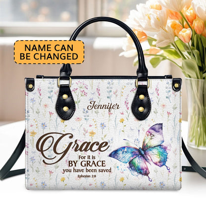 Personalized Christian Leather Bag, For It Is By Grace You Have Been Saved Ephesians 28 Worship Leather Handbag, Faith Handbag