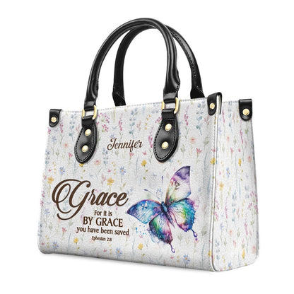 Personalized Christian Leather Bag, For It Is By Grace You Have Been Saved Ephesians 28 Worship Leather Handbag, Faith Handbag