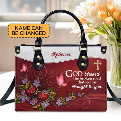 Personalized Christian Leather Bag, God Blessed The Broken Road That Led Me Straight To You Leather Handbag, Faith Handbag