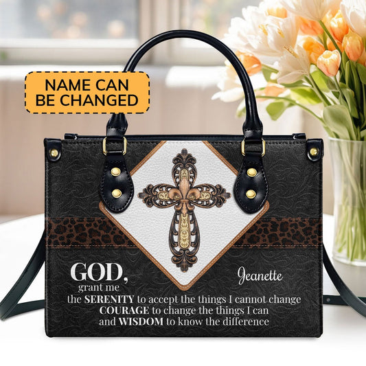 Personalized Christian Leather Bag, God, Grant Me The Serenity To Accept The Things I Cannot Change Leather Handbag, Faith Handbag