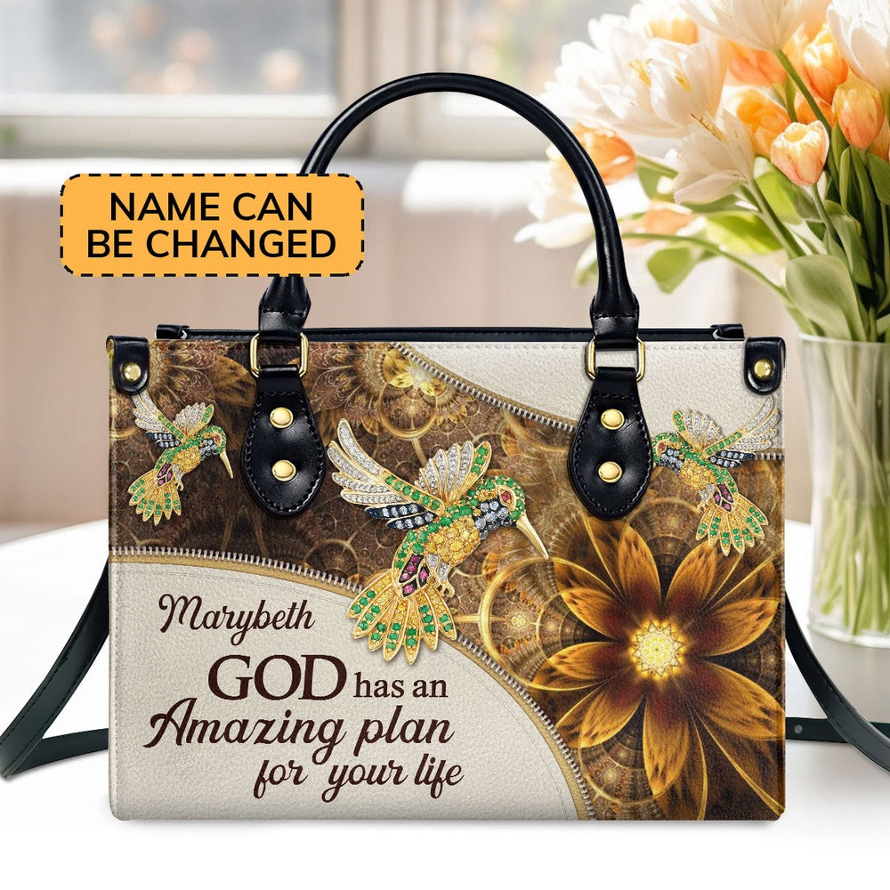 Personalized Christian Leather Bag, God Has An Amazing Plan For Your Life - Elegant Personalized Bird And Flower Leather Handbag, Faith Handbag