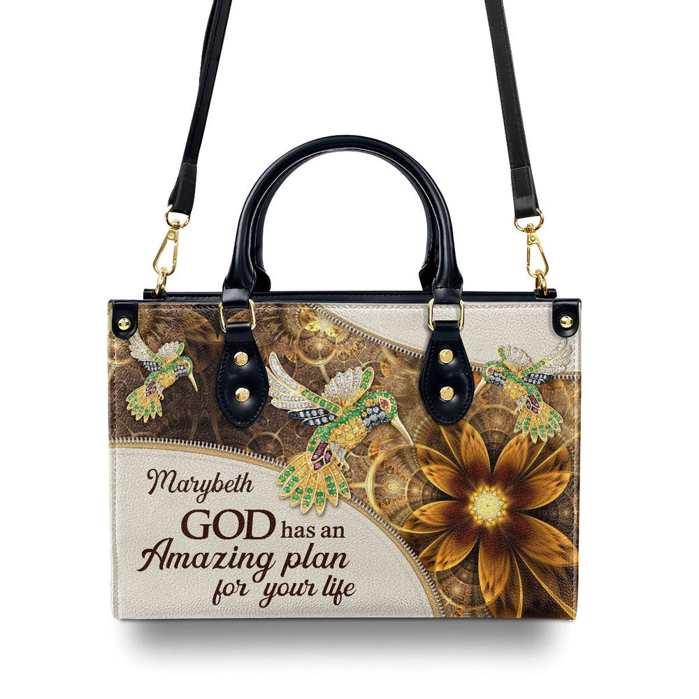 Personalized Christian Leather Bag, God Has An Amazing Plan For Your Life - Elegant Personalized Bird And Flower Leather Handbag, Faith Handbag
