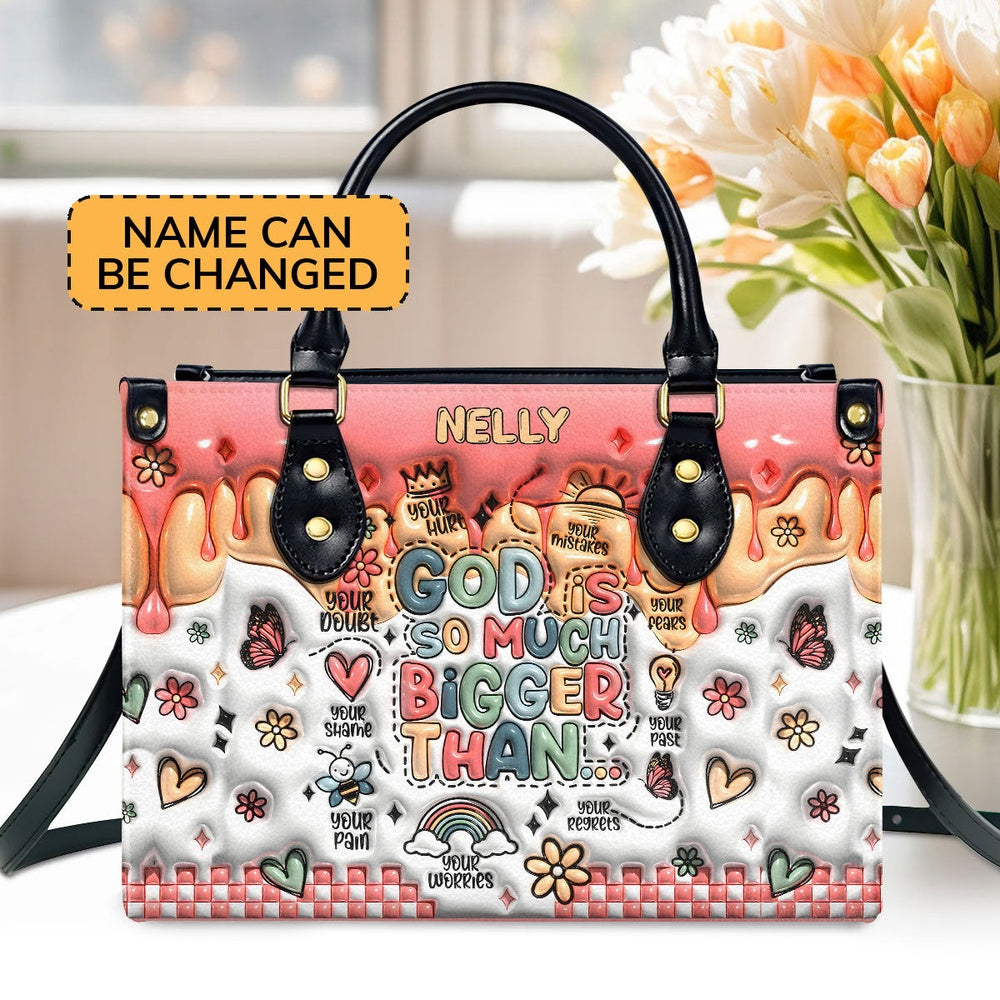 Personalized Christian Leather Bag, God Is Bigger Than Personalized Leather Handbag, Faith Handbag