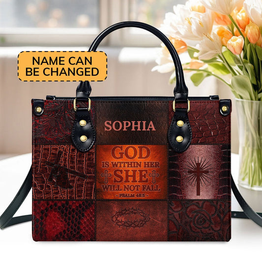 Personalized Christian Leather Bag, God Is Within Her, She Will Not Fall Leather Handbag, Faith Handbag