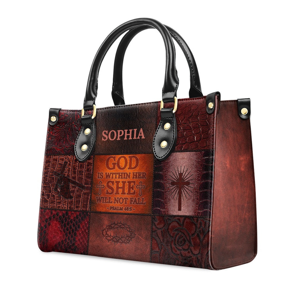 Personalized Christian Leather Bag, God Is Within Her, She Will Not Fall Leather Handbag, Faith Handbag