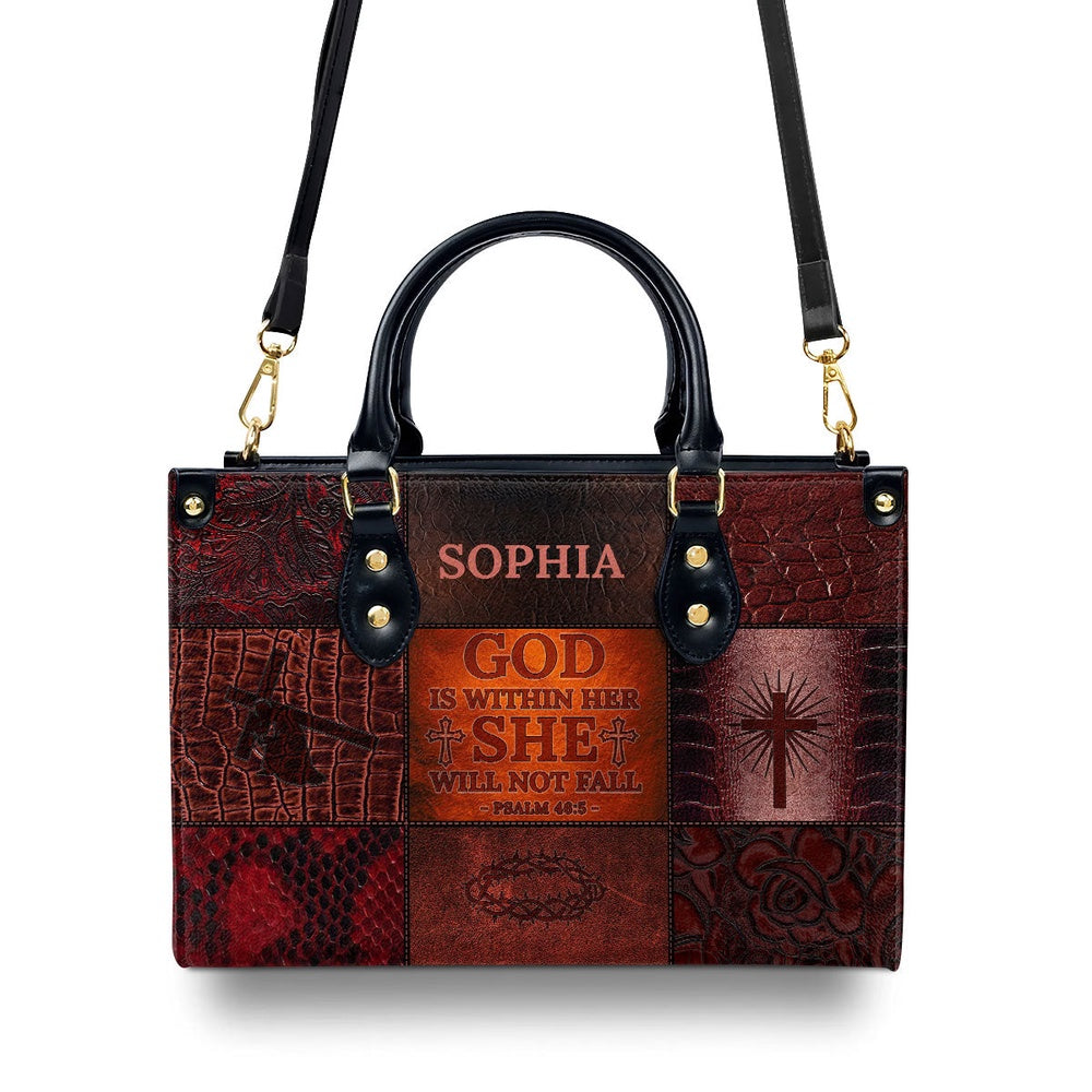 Personalized Christian Leather Bag, God Is Within Her, She Will Not Fall Leather Handbag, Faith Handbag