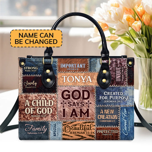 Personalized Christian Leather Bag, God Says I Am A Child Of God Romans 8 17 Leather Handbag, Faith Handbag
