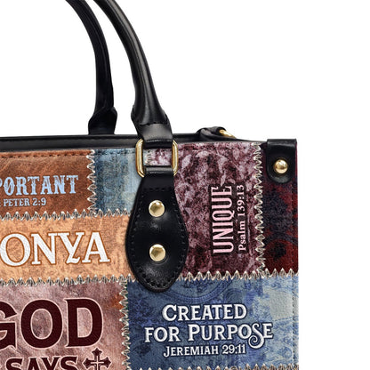 Personalized Christian Leather Bag, God Says I Am A Child Of God Romans 8 17 Leather Handbag, Faith Handbag