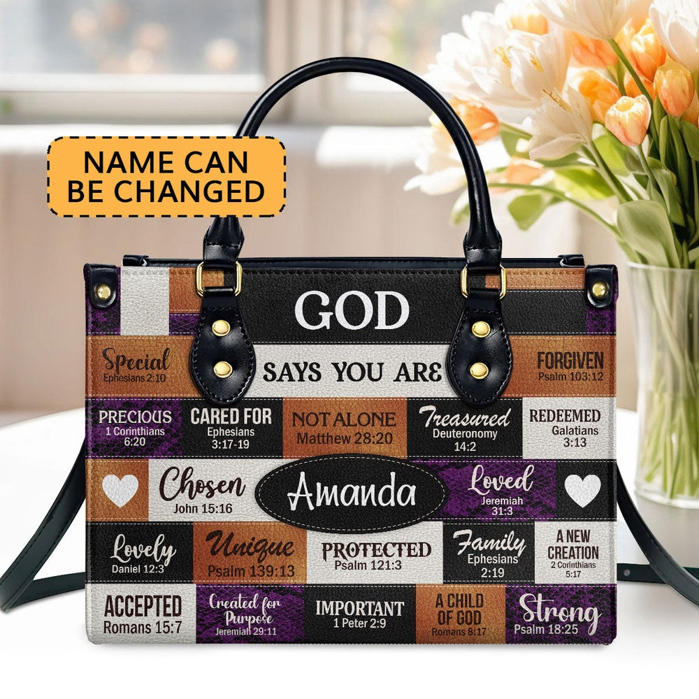 Personalized Christian Leather Bag, God Says I Am Chosen Leather Handbag, Faith Handbag