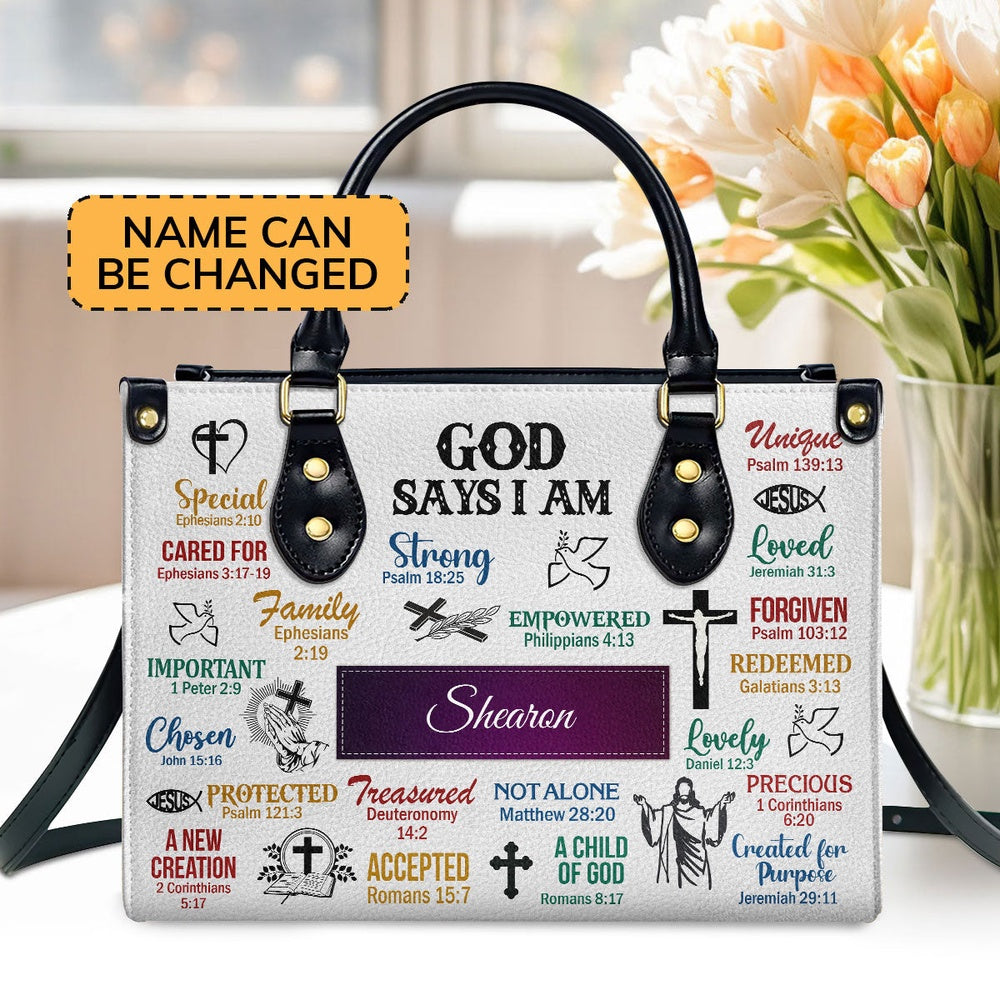Personalized Christian Leather Bag, God Says I Am Leather Handbag Scripture Gifts For Christian Women, Faith Handbag