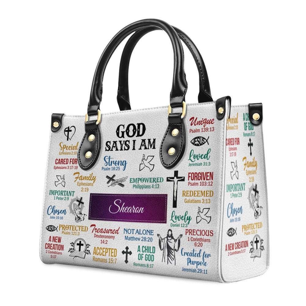 Personalized Christian Leather Bag, God Says I Am Leather Handbag Scripture Gifts For Christian Women, Faith Handbag