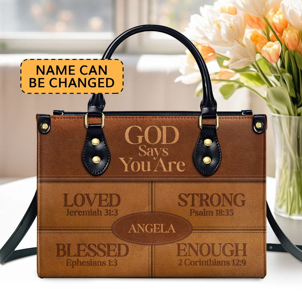 Personalized Christian Leather Bag, God Says I Am Personalized Leather Handbag, Faith Handbag