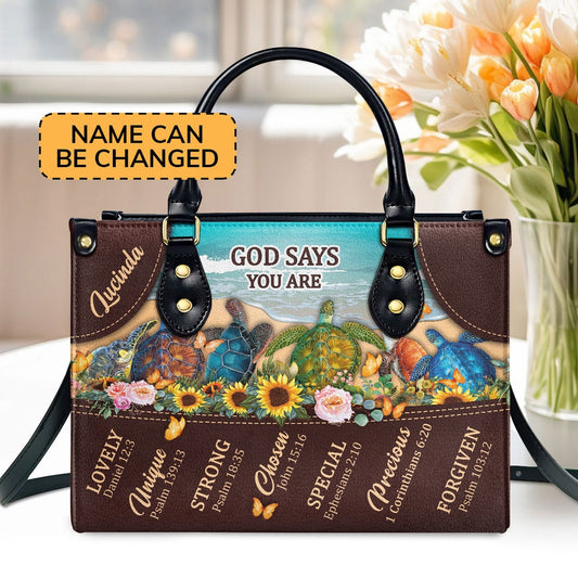 Personalized Christian Leather Bag, God Says You Are Lovely - Beautiful Personalized Turtle Leather Handb, Faith Handbag