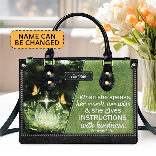 Personalized Christian Leather Bag, Gorgeous Personalized Leather Handbag - When She Speaks, Her Words Are Wise, Faith Handbag