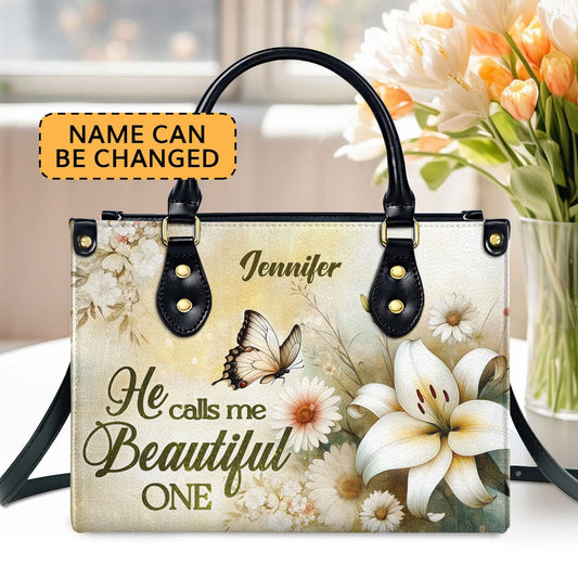Personalized Christian Leather Bag, He Calls Me Beautiful One Leather Handbag, Faith Handbag