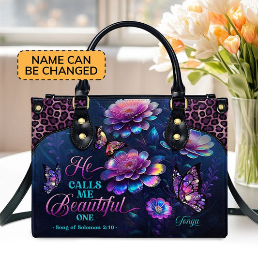 Personalized Christian Leather Bag, He Calls Me Beautiful One Leather Handbags, Faith Handbag