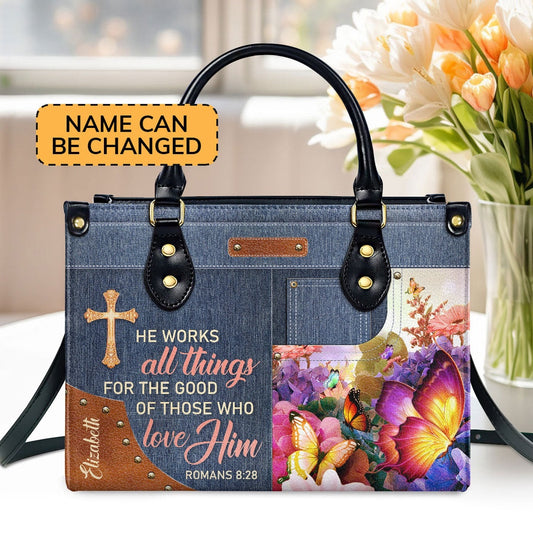 Personalized Christian Leather Bag, He Works All Things For The Good Of Those Who Love Him Leather Handbag, Faith Handbag