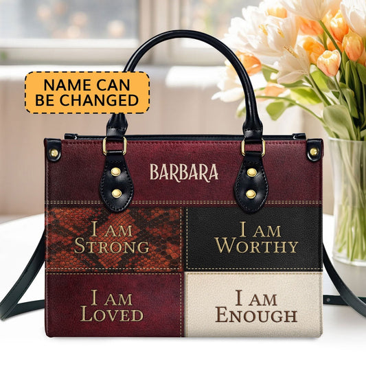 Personalized Christian Leather Bag, I Am Strong, I Am Worthy - Special Christian Leather Handbag, Faith Handbag