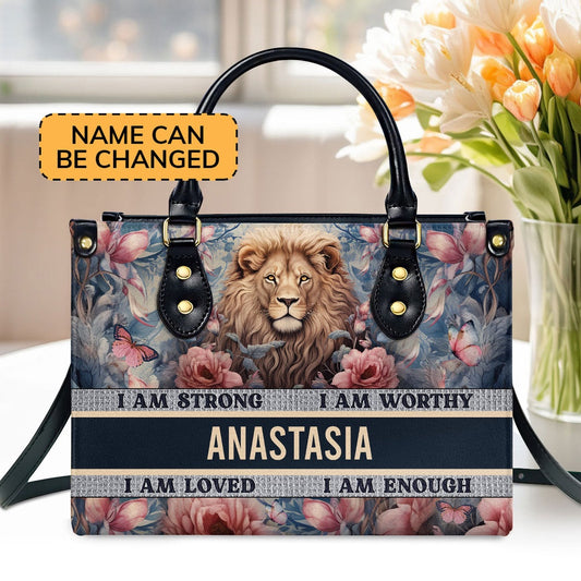 Personalized Christian Leather Bag, I Am Strong I Am Worthy Leather Handbag, Faith Handbag