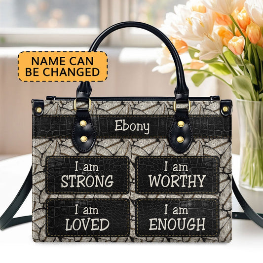 Personalized Christian Leather Bag, I Am Strong Leather Handbag, Faith Handbag