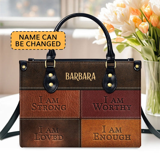 Personalized Christian Leather Bag, I Am Strong Leather Handbag Religious Gift For Worship Friends, Faith Handbag