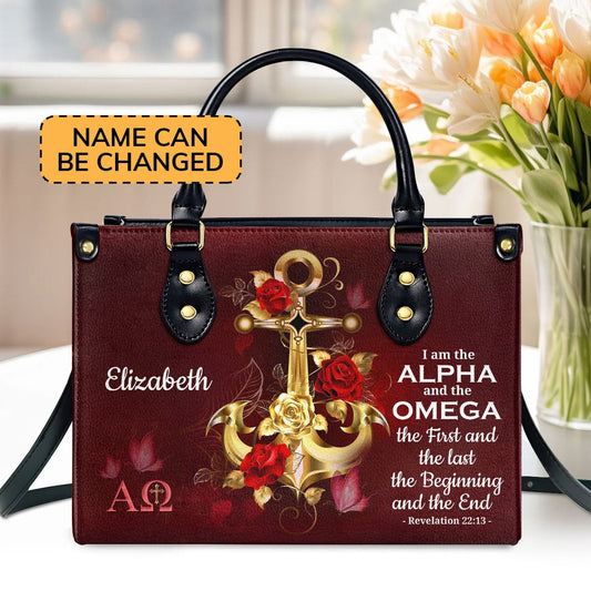 Personalized Christian Leather Bag, I Am The Alpha And The Omega - Unique Personalized Leather Handbag, Faith Handbag
