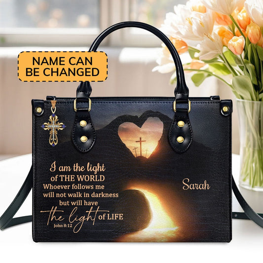 Personalized Christian Leather Bag, I Am The Light Of The World Leather Handbag, Faith Handbag